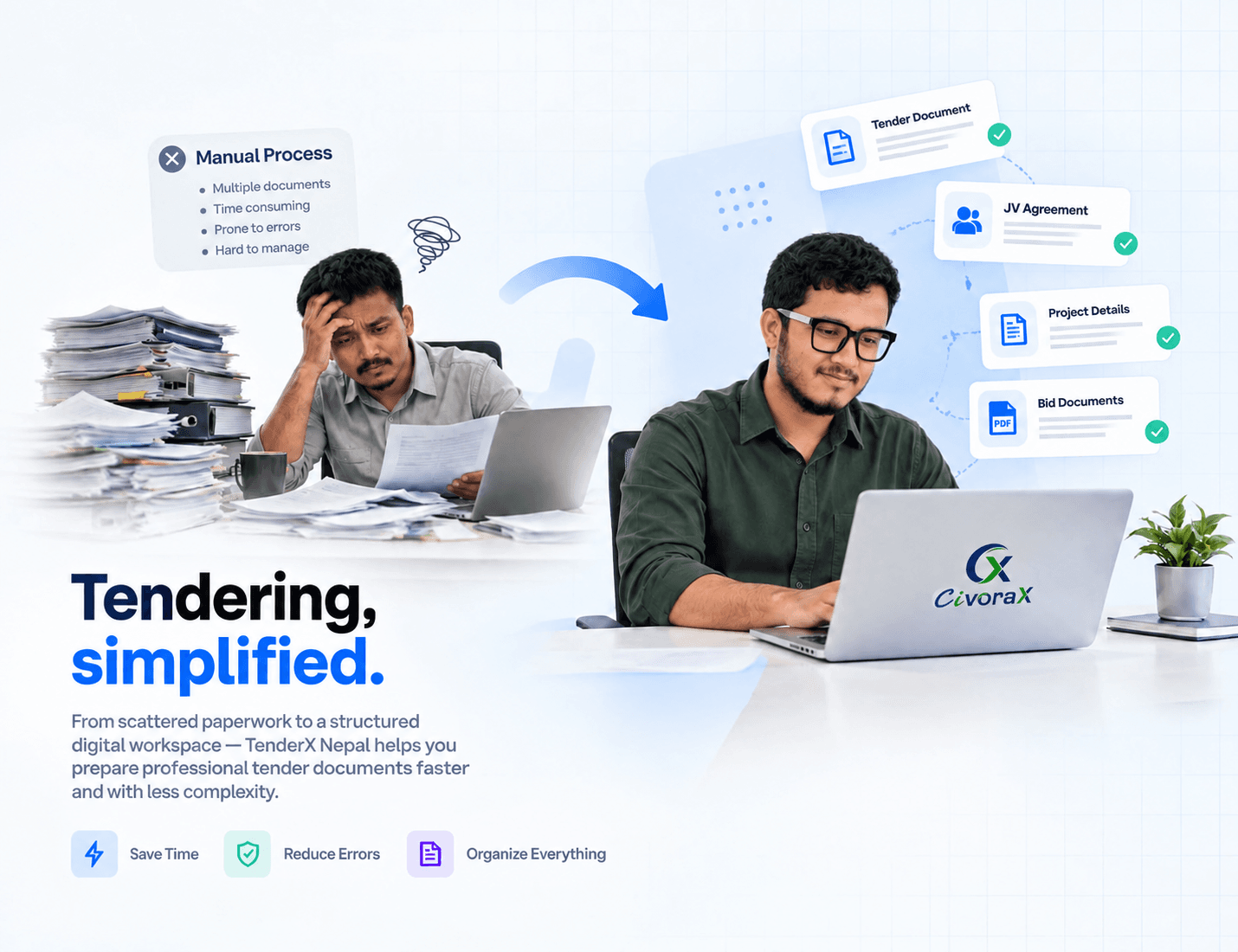 Tendering, simplified. TenderX Nepal turns scattered paperwork into an organized digital workspace to save time, reduce errors, and prepare tender documents.